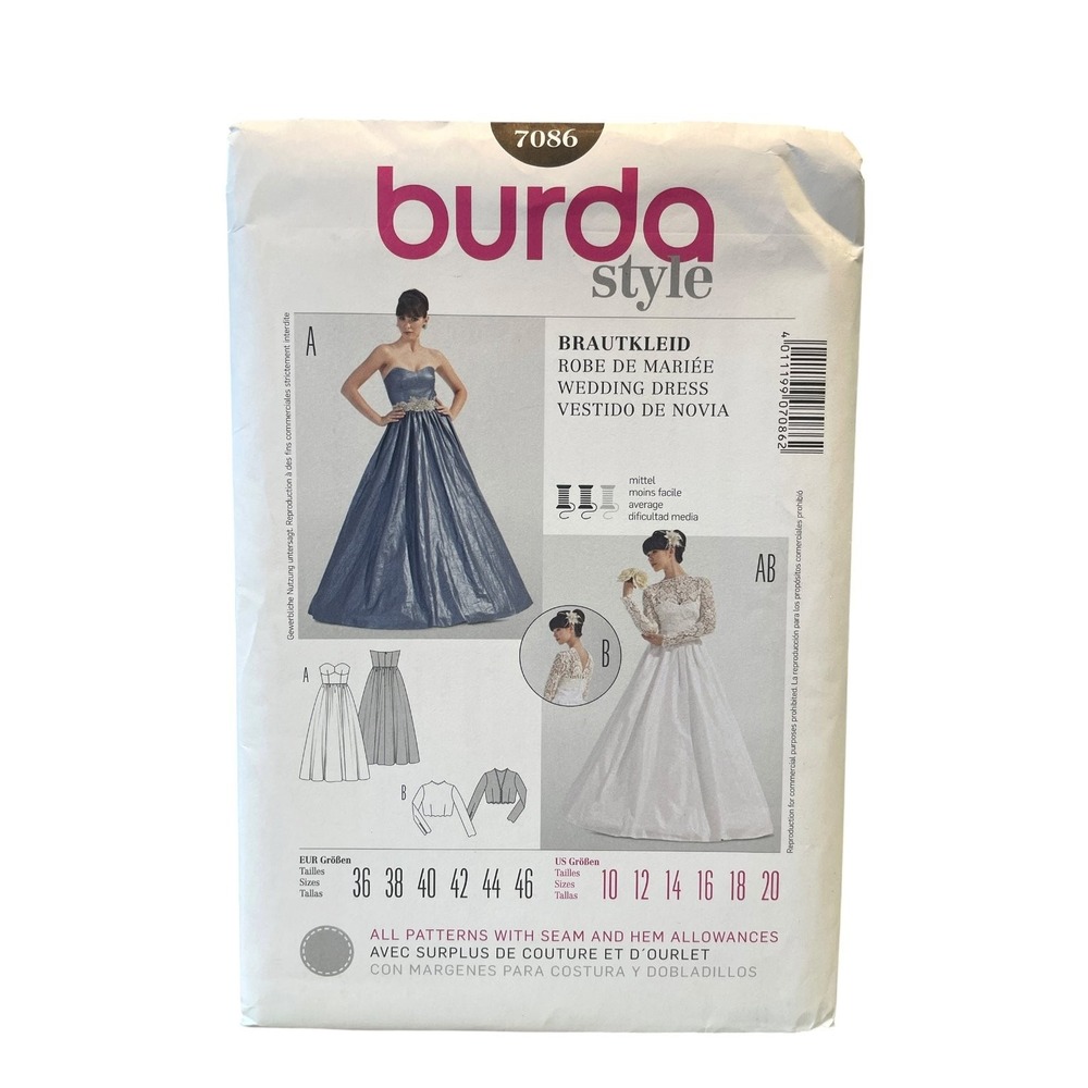 Burda Style 7086 Wedding Dress Pattern Women Size 10-20 White Bridal Gown Uncut